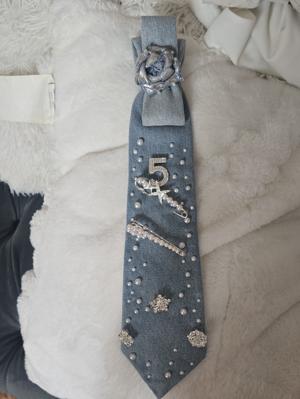 Embellished Denim Tie with Pearl & Rhinestone Accents - Blue